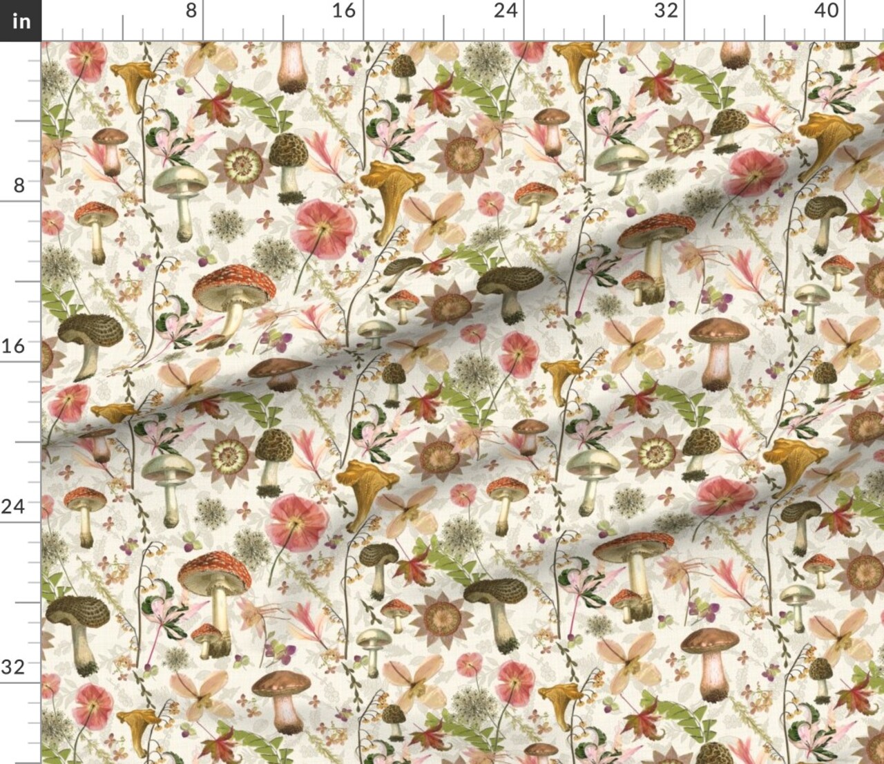 Vintage Style Floral Victorian Flowers Nature Poppies Romantic Botanical Woods mushrooms Toadstool Custom Printed Fabric by Spoonflower Various Fabrics by the Yard or Fat Quarter